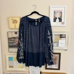 Free People Small Navy Blue Boho Blouse with Embroidered Details